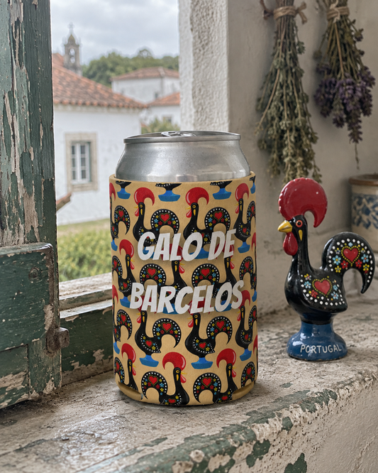 Portugal Galo de Barcelos Yellow koozy on a village windowsill with a ceramic rooster