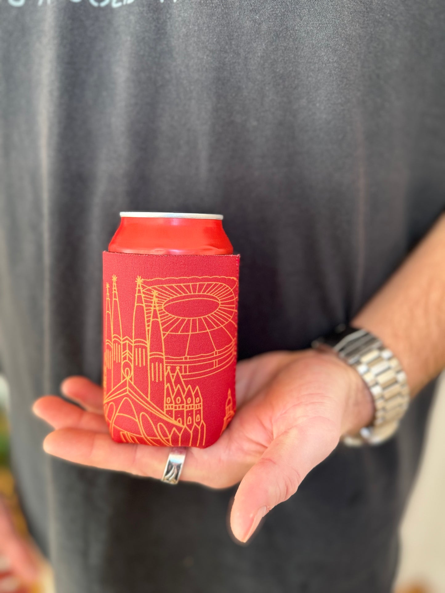 Sagrada Familia and Camp Nou line art souvenir on Red neoprene koozie / killer koozys / stubby holder