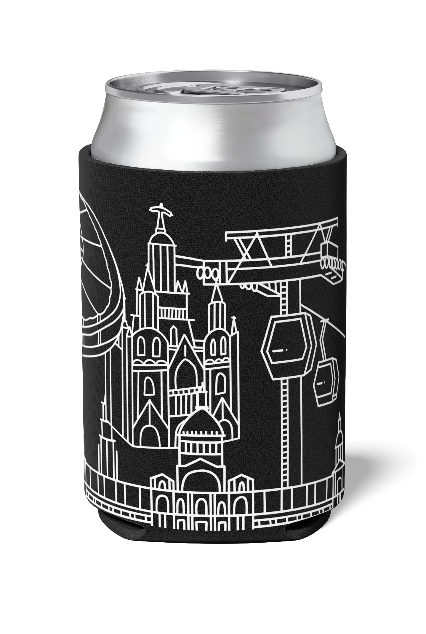 Tibidabo and Camp Nou line art souvenir on black neoprene koozie / killer koozys / stubby holder