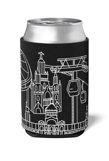 Tibidabo and Camp Nou line art souvenir on black neoprene koozie / killer koozys / stubby holder