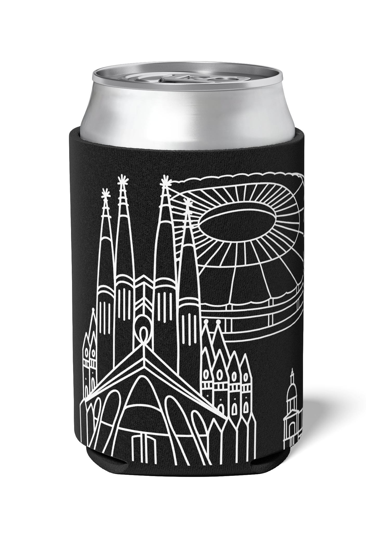 Sagrada Familia ad camp nou line art souvenir on black neoprene koozie / killer koozys / stubby holder