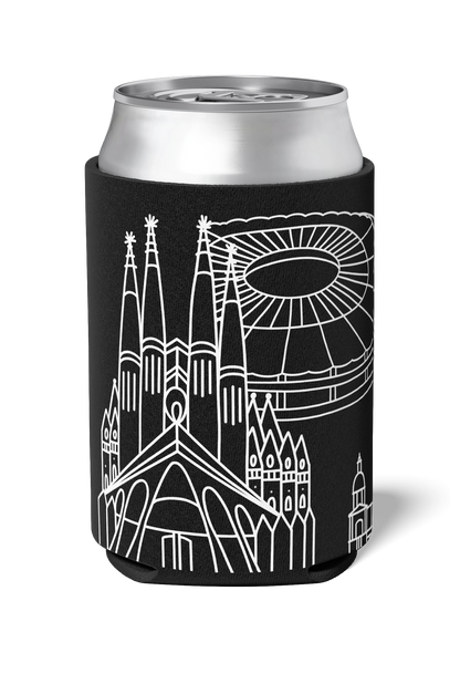 Sagrada Familia ad camp nou line art souvenir on black neoprene koozie / killer koozys / stubby holder