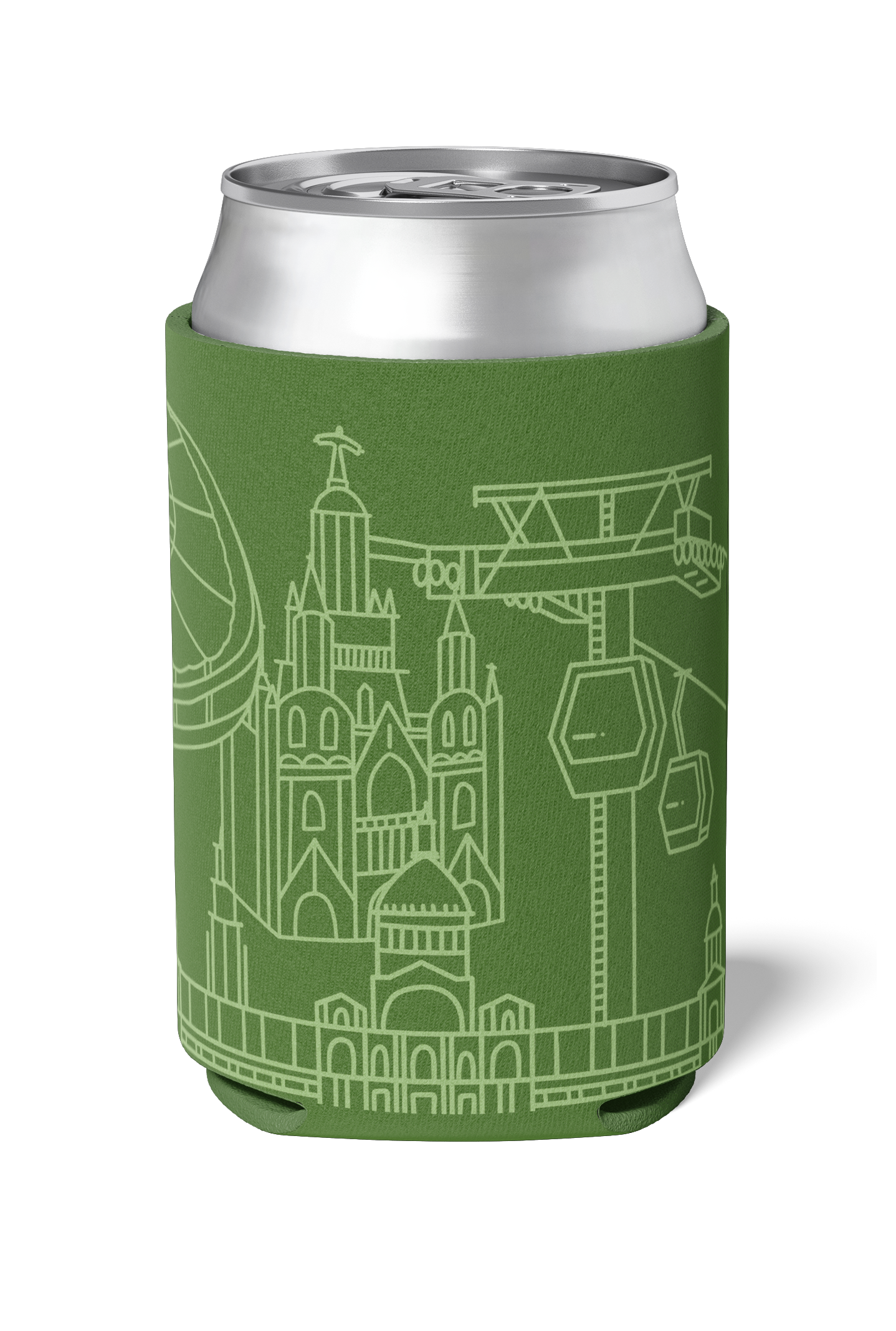 Tibidabo and Camp Nou line art souvenir on Green neoprene koozie / killer koozys / stubby holder