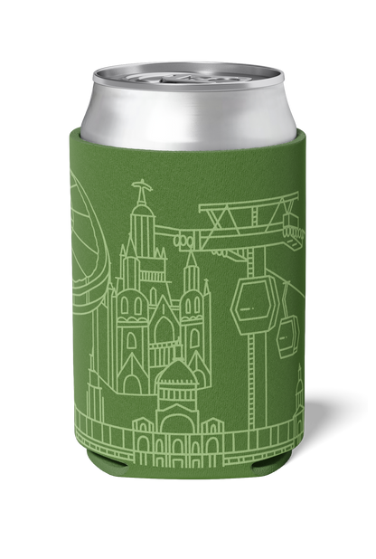 Tibidabo and Camp Nou line art souvenir on Green neoprene koozie / killer koozys / stubby holder