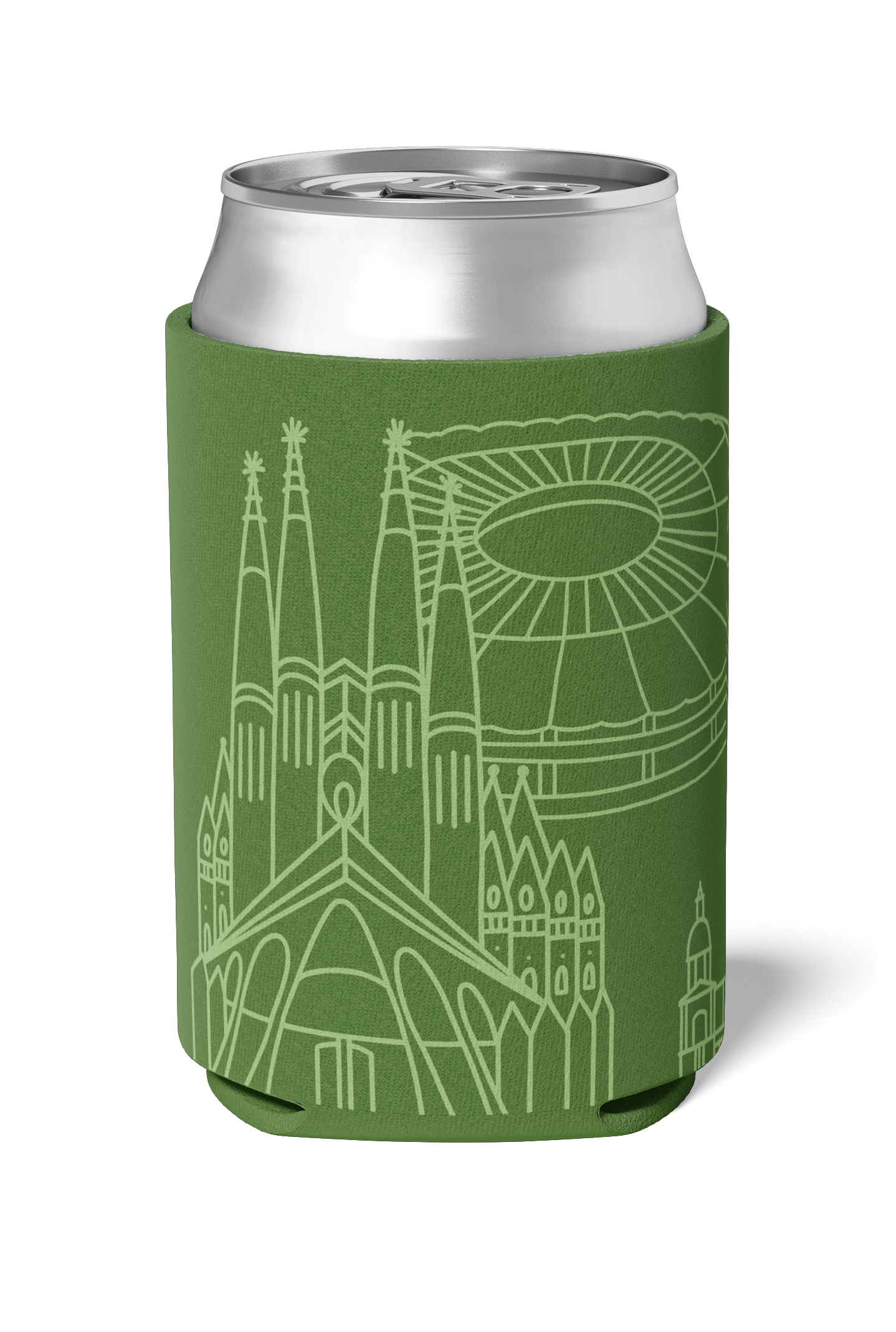 Sagrada Familia and Camp Nou line art souvenir on Green neoprene koozie / killer koozys / stubby holder