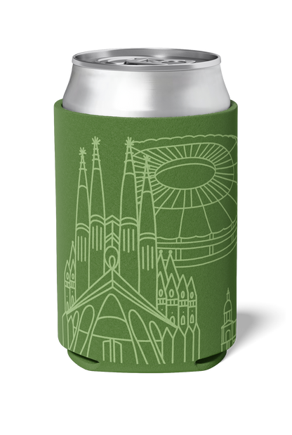 Sagrada Familia and Camp Nou line art souvenir on Green neoprene koozie / killer koozys / stubby holder