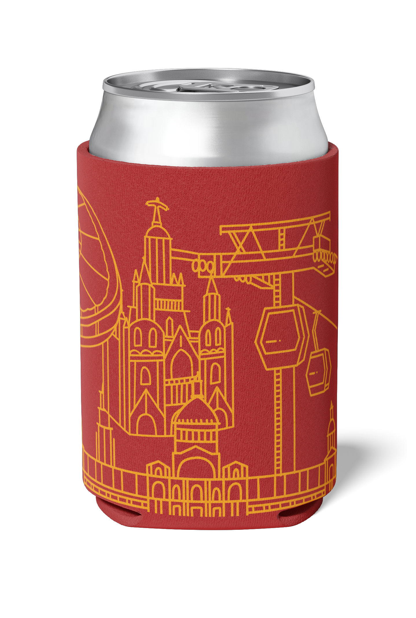 Tibidabo and Camp Nou line art souvenir on red neoprene koozie / killer koozys / stubby holder