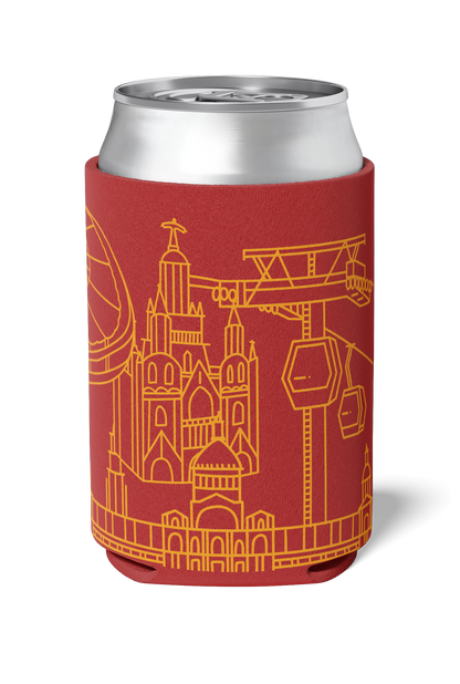 Tibidabo and Camp Nou line art souvenir on red neoprene koozie / killer koozys / stubby holder