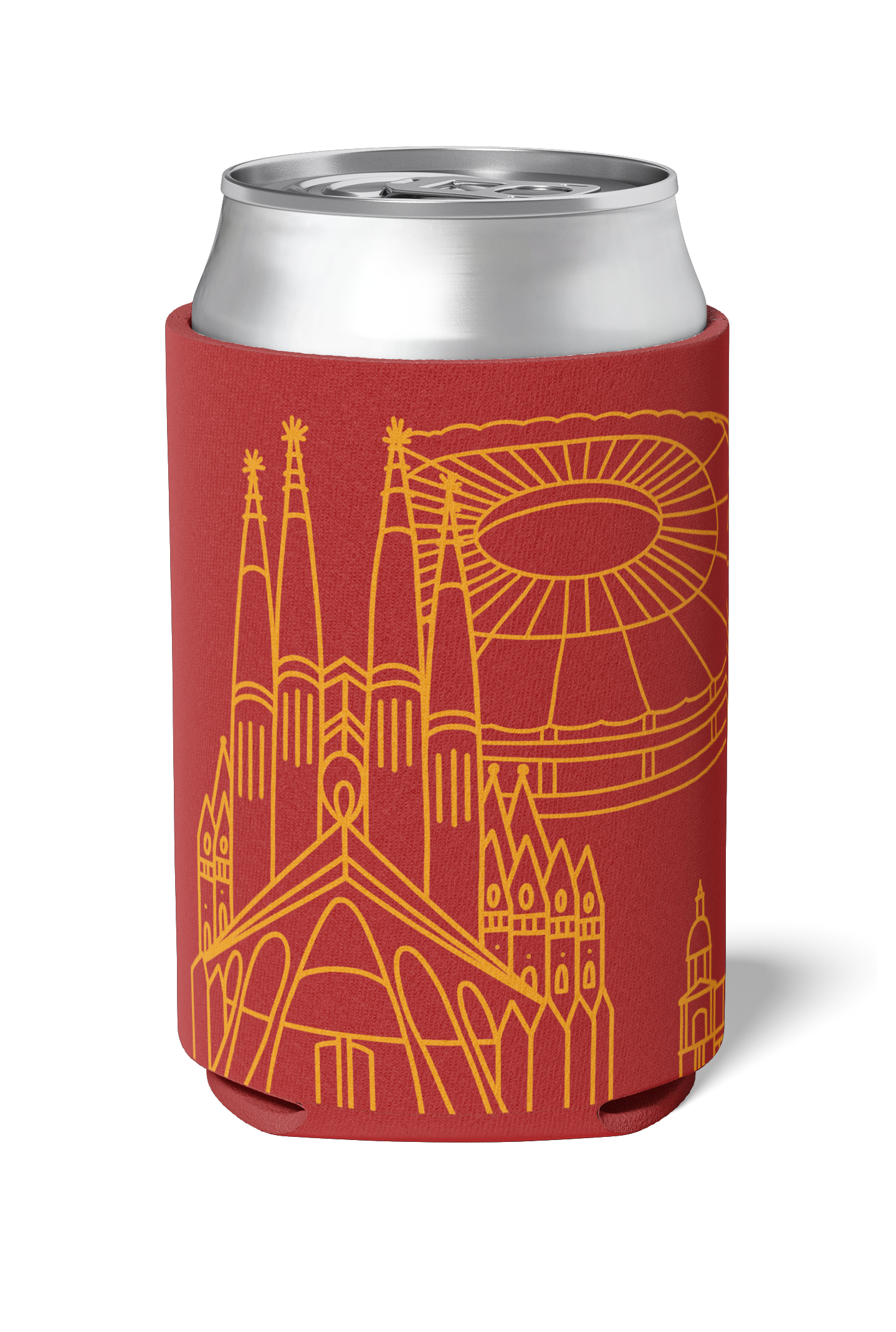 Sagrada Familia and Camp Nou line art souvenir on red neoprene koozie / killer koozys / stubby holder