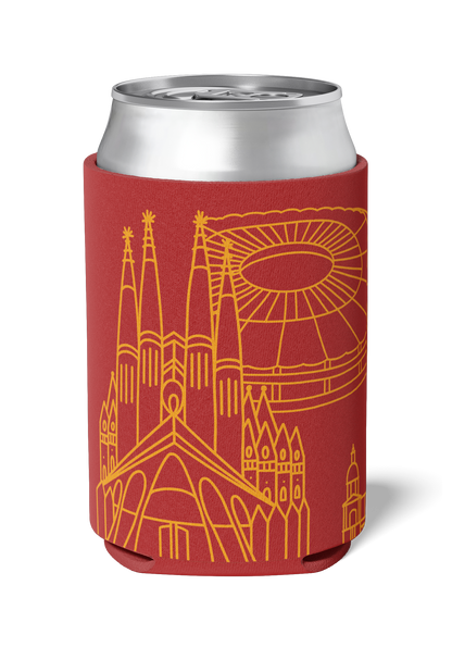 Sagrada Familia and Camp Nou line art souvenir on red neoprene koozie / killer koozys / stubby holder