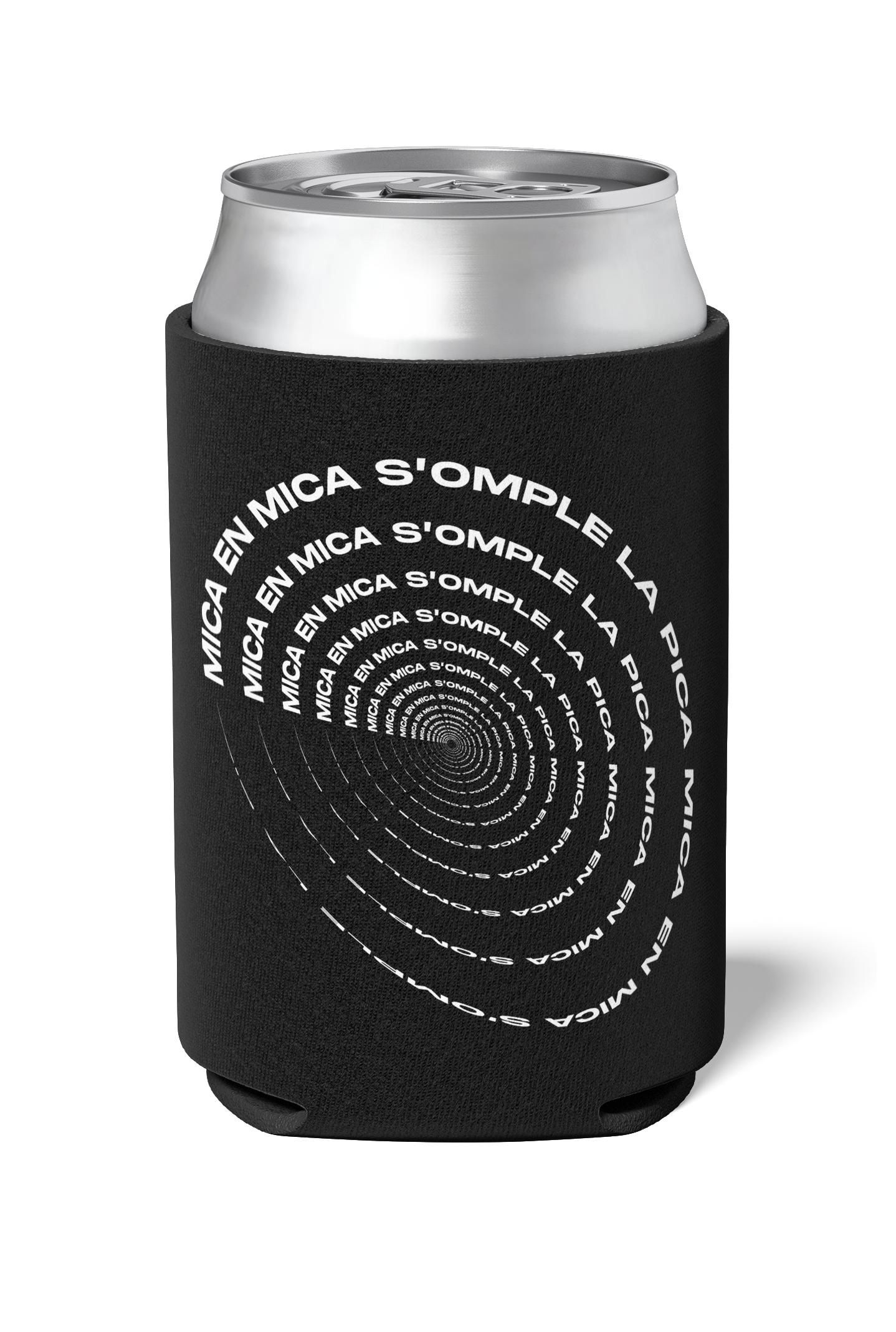 Funny catalan saying Mica en mica S'omple a pica written on black neoprene koozie / killer koozys / stubby holder