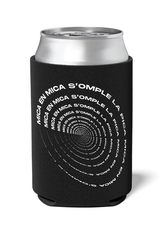 Funny catalan saying Mica en mica S'omple a pica written on black neoprene koozie / killer koozys / stubby holder