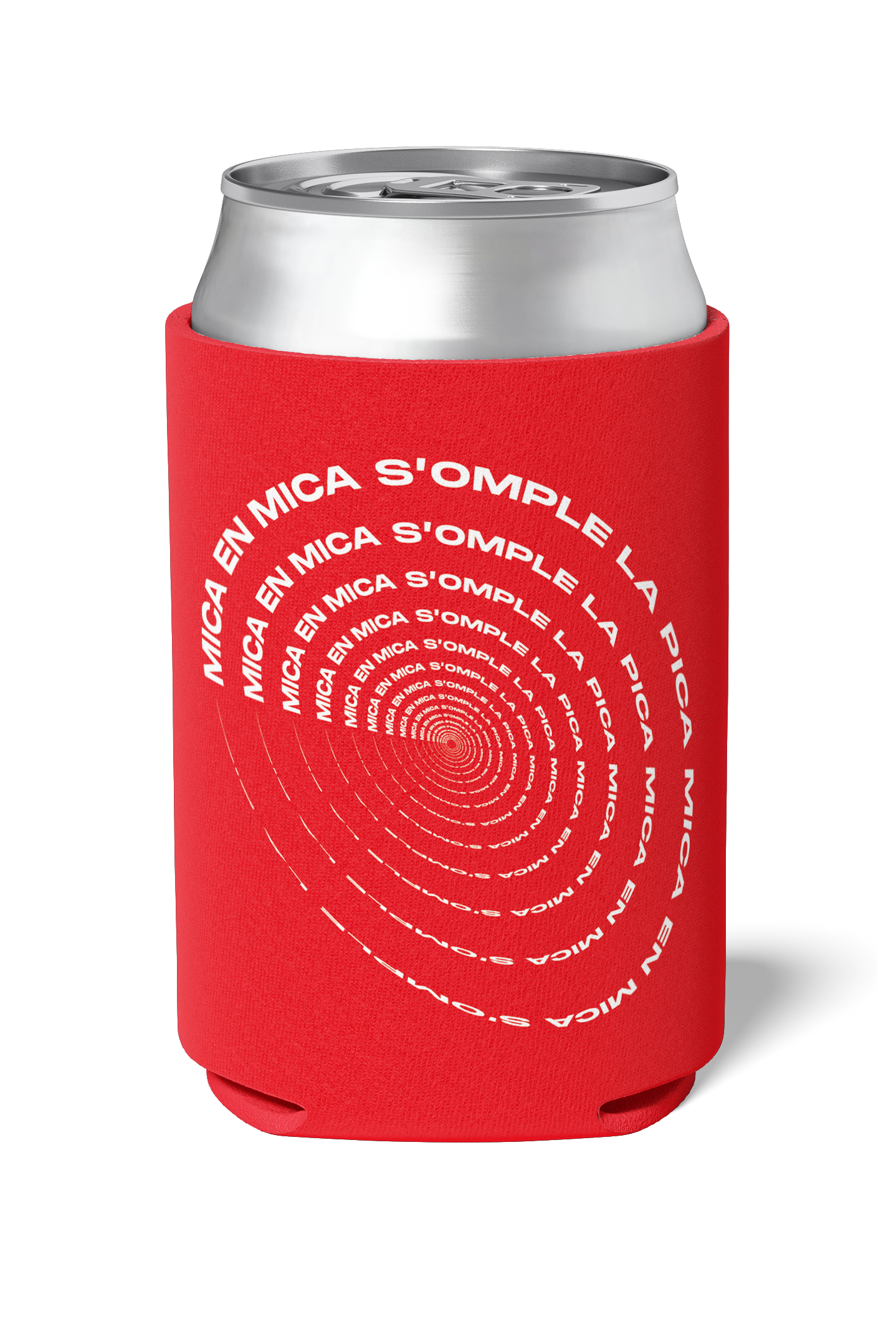 Funny catalan saying Mica en mica S'omple a pica written on red neoprene koozie / killer koozys / stubby holder