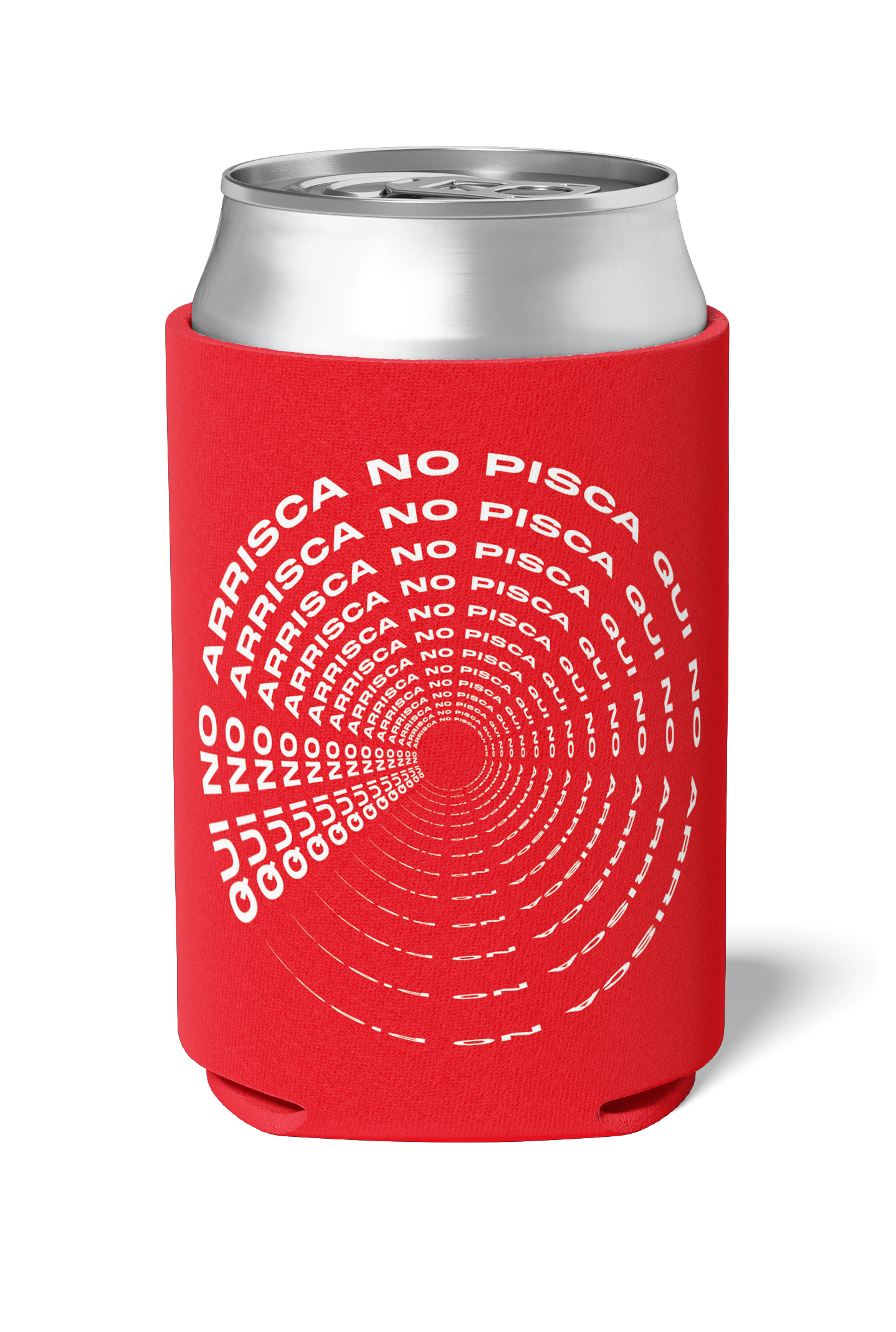 Funny catalan saying Que no arrisca no pisca written on red neoprene koozie / killer koozys / stubby holder