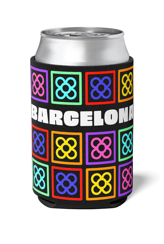 Barcelona street flowers with colorful neon panot patters on black killer koozy / Stubby holder / koozies