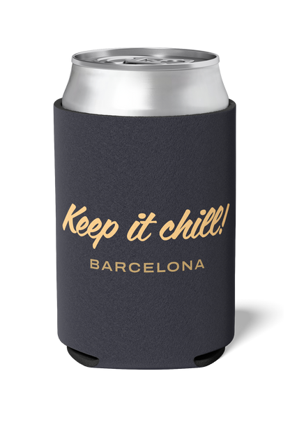 Black and cream colored Killer Koozys logo with Keep it Chill on a neoprene Koozie / stubby holder