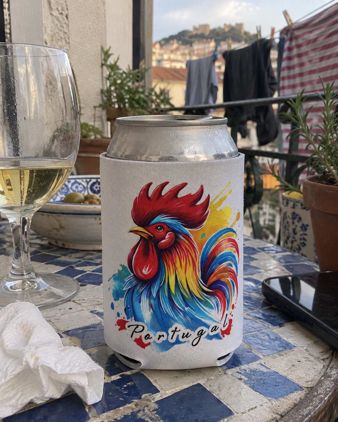 Portugal Rooster White koozy on a sunny balcony