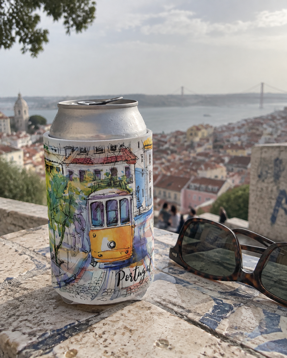 Portugal Tram Water Color koozy at a Lisbon miradouro overlooking the rooftops