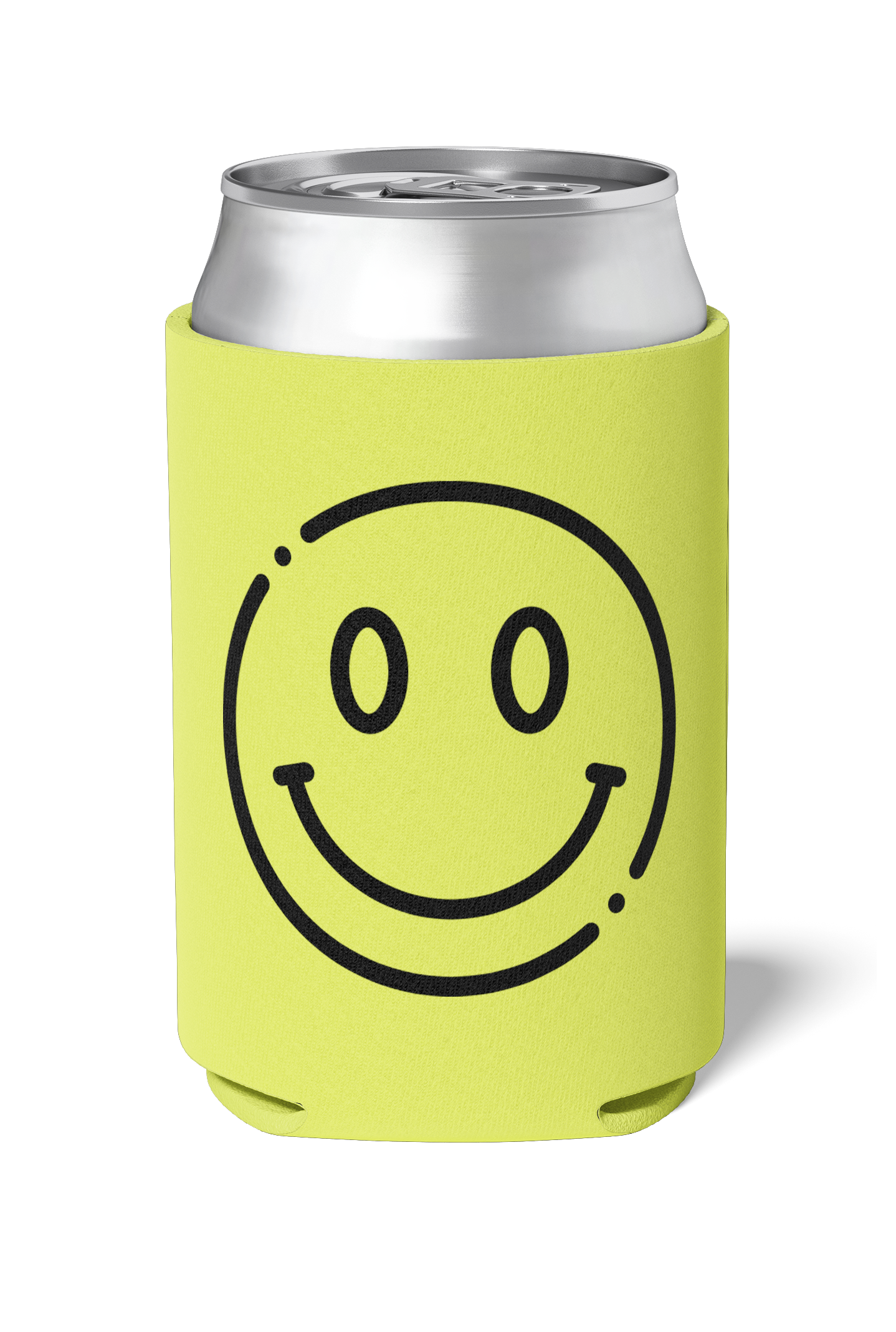 Fun neon yellow party koozie with a black smiley face on it / killer koozys / stubby holder