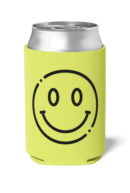 Fun neon yellow party koozie with a black smiley face on it / killer koozys / stubby holder