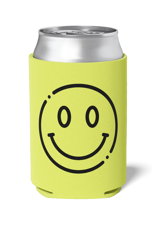 Fun neon yellow party koozie with a black smiley face on it / killer koozys / stubby holder