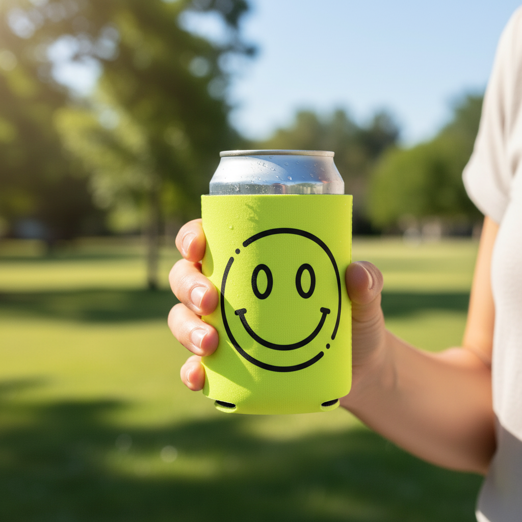 Person holding a Smiley Face neoprene drink koozy outdoors on a sunny day