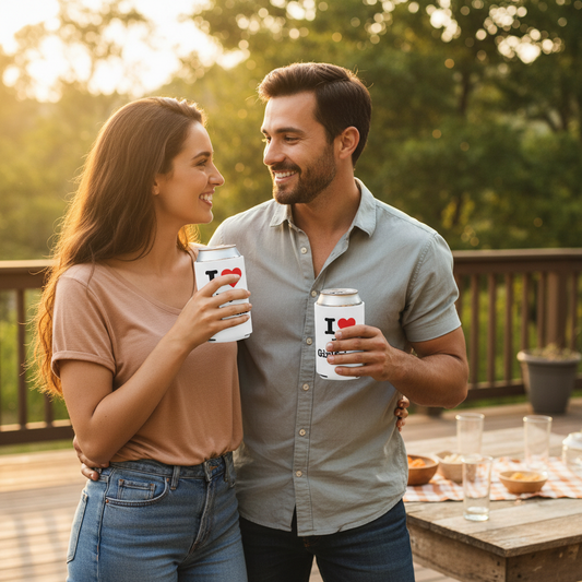 Couple enjoying a drink with an I Love my Girlfriend neoprene drink koozy outdoors