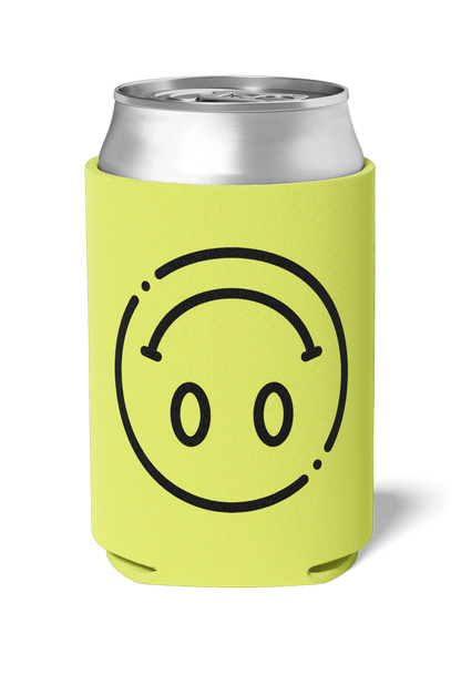 Fun neon yellow party koozie with a black up-side-down smiley face on it / killer koozys / stubby holder